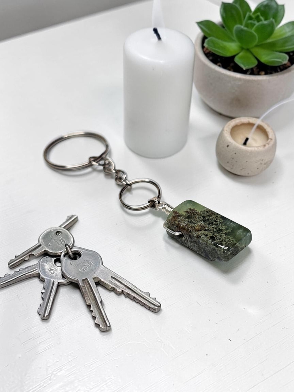 Moss Agate Rectangular Stone Keychain - Green Natural Key Ring